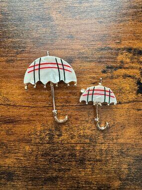 Vintage 2 Piece Umbrella Brooches Mother of Pearl Look Gold Tone Plaid Red Green